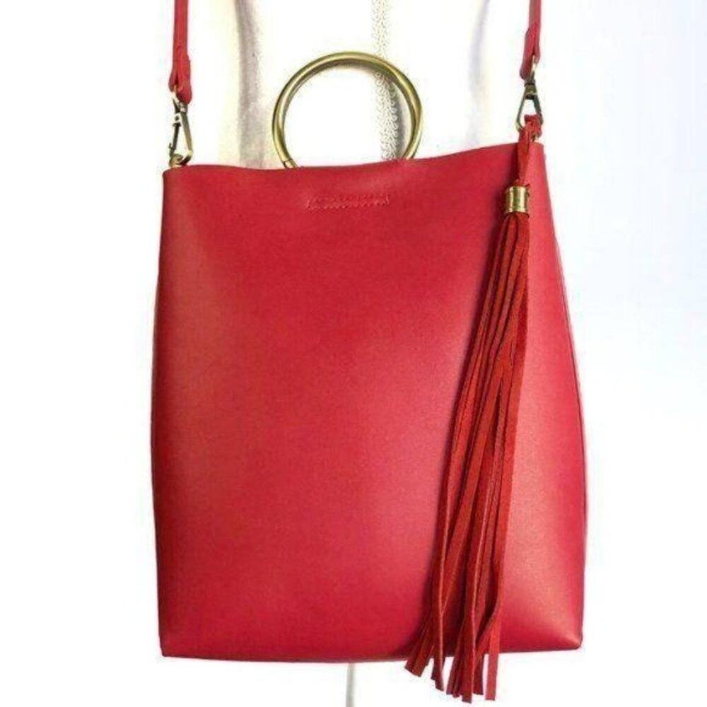 Red Leather Ring Handle Bag Tassel Detachable Crossbody Adjustable Strap
